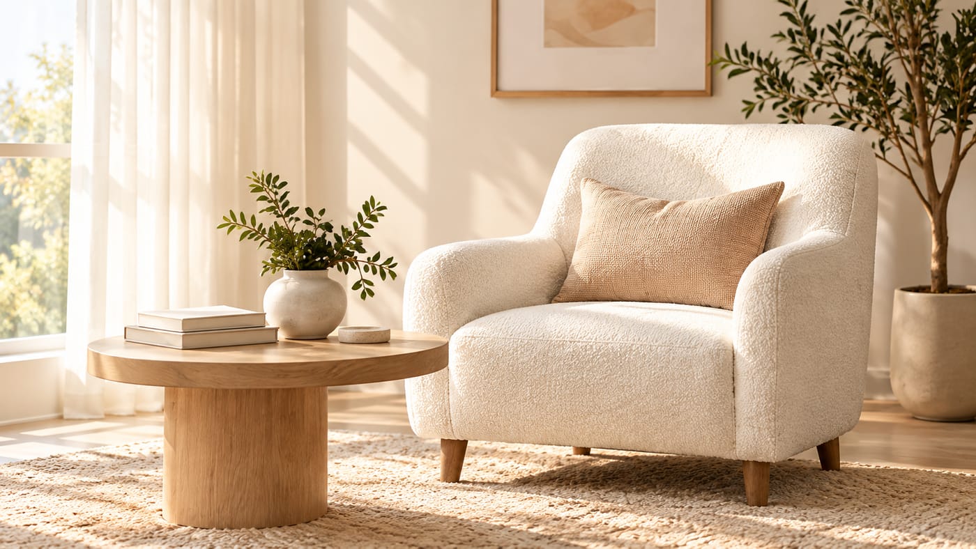 A calm, sunlit therapy room with a cream armchair, a small wooden table with books and an olive tree by the window